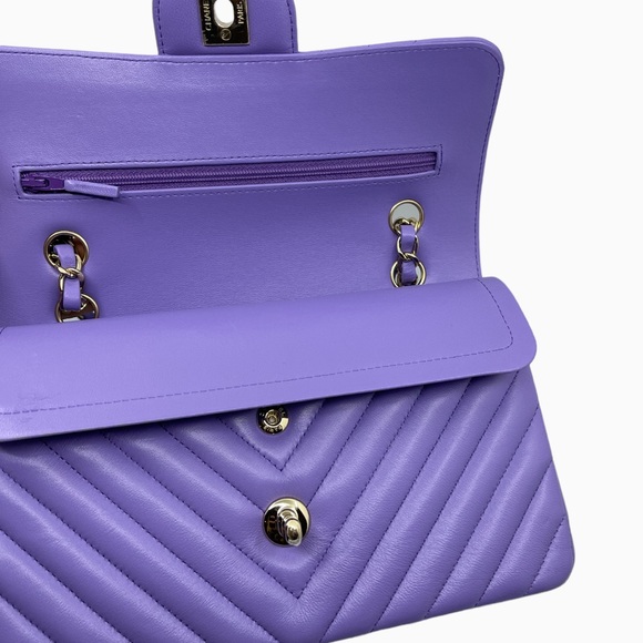 CHANEL Lambskin Chevron Quilted Small Double Flap Purple GHW - Picture 9 of 16
